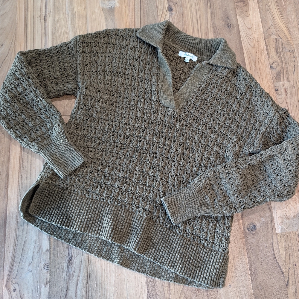 Madewell Sunbury Open-Stitch Polo Sweater Golden Spinach Textured Knit XS - Picture 7 of 12